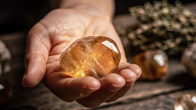 Hand holding glowing citrine crystal gemstone with bright light