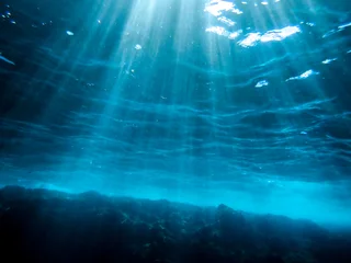 Fototapete Meer Ocean blue underwater with sunrays, Underwater Sea Deep Water Abstract Sunshine, sea wave , clean waters in summer time, Natural underwater seascape, sand on ocean floor and water surface sunlight.  © Mediterranean sea