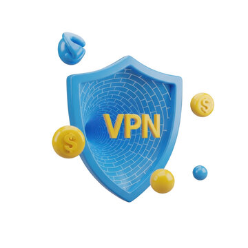 3 d vpn shield with floating currency coins isolated on a transparent background