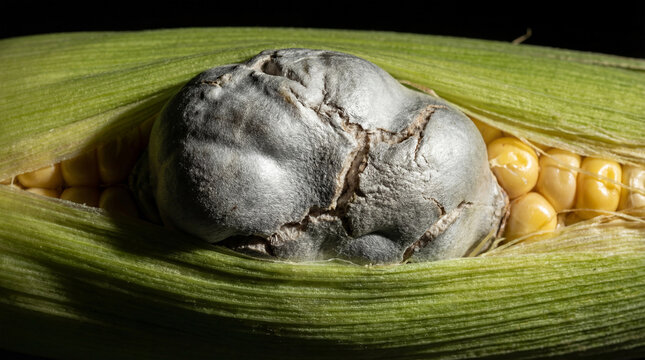 Closeup of corn ear with moldy fungus growth on kernels, black background