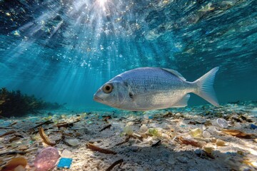 Fototapeta premium Underwater scene of a fish amid microplastics and plastic debris in clear blue water