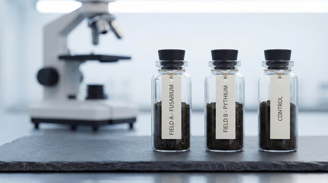 Three glass jars of soil samples labeled field a fusarium, field b pythium, and control on a laboratory counter with a microscope in the background for scientific research purposes