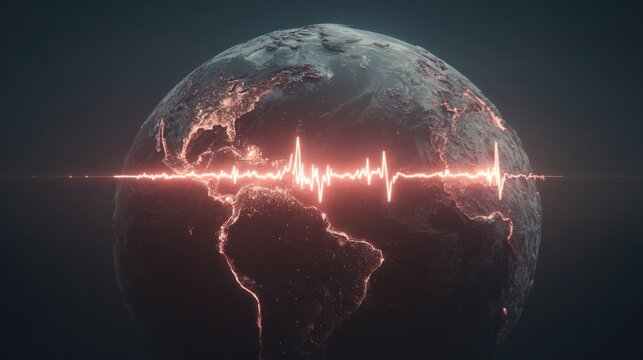Earth shows signs of distress with a heartbeat line around the planet's surface at night