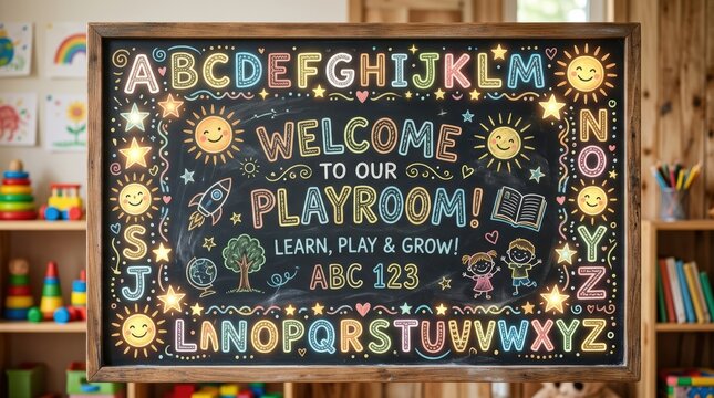 Fun chalk doodle border on blackboard with playful ABC letters