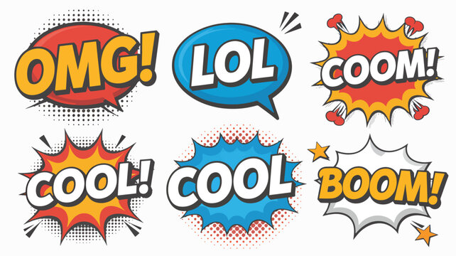 Comic speech bubbles, colorful explosion words, emotive expressions, vector phrases