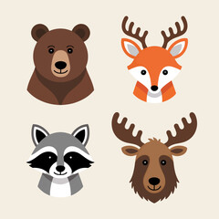 Fototapeta premium Wildlife Icons, Forest Animal Heads, Vector Illustrations, Nature Symbols