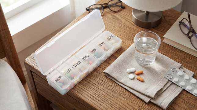A daily pill box with pills and a glass of water on a wooden table by the window with glasses and a notebook