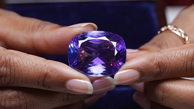 Hands holding a large faceted purple gemstone