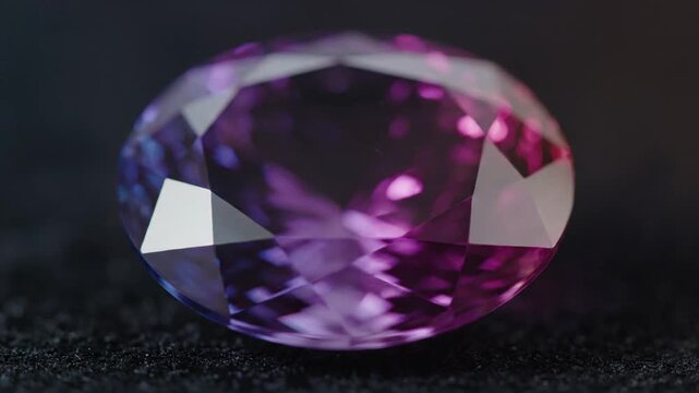 Oval faceted gemstone with blue and purple color on dark backdrop