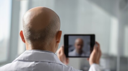 Fototapeta premium Doctor uses tablet to capture consultation on alopecia in a medical office during the day