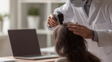Fototapeta premium Doctor examines scalp of patient with alopecia in clinic setting with computer present