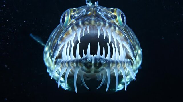 Close up image of a fish with sharp teeth in the deep ocean