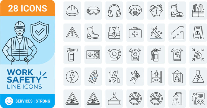 Work safety line icons set for protection and prevention measures