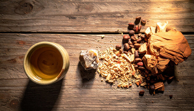 Top-down flat lay of raw perfume ingredients on wood: ceramic pot with clear synthetic musk oil, waxy grey-white ambergris, cedarwood chips. Moody side light, shallow DOF, macro.