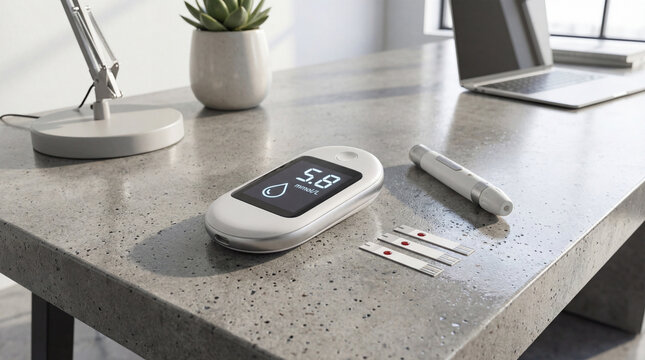 Blood glucose monitor with test strips on a desk in a modern office environment with a laptop and plant