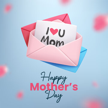 Happy Mother Day Greeting Card with I Love You Mom Envelopes, Vector Illustration