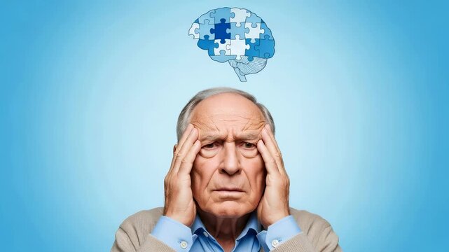 Elderly man suffering with cognitive decline and memory loss. Senior patient experiencing alzheimer disease symptoms. Mental health care and brain rehabilitation concept.