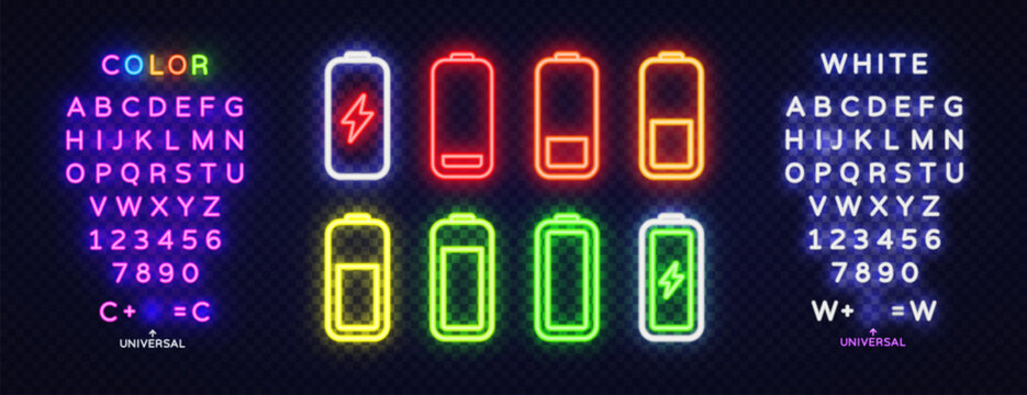 Neon alphabet and battery charge icons glowing in vibrant colors. Bright electric style letters, numbers and energy indicators on dark transparent background.