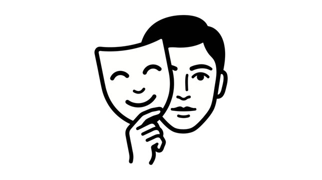 Stylized vector graphic illustration showing a human face hiding true emotions behind a simple smiling theater mask to portray the concept of duplicity and hidden feelings