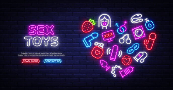 Colorful neon composition with adult accessories icons forming a glowing circle on a brick wall. Stylish vector design for erotic boutique advertising or website header.