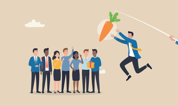Motivation employee together manipulation concept, seduced businessman jump in the air to catch tempting carrot baiting lure from the stick