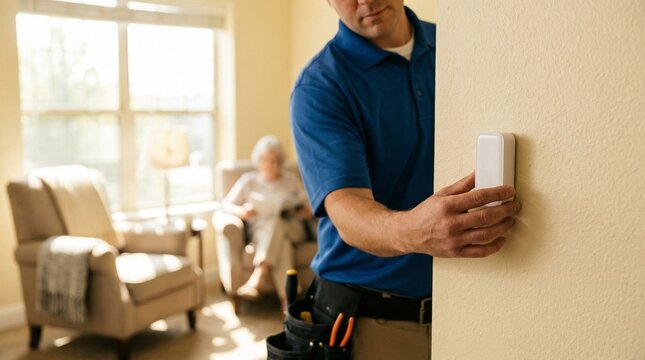 Service technician mounting smart home security device for elderly resident