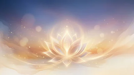 Papier peint photo Chambre de fille Glowing golden lotus flower background with spiritual light rays and sparkles for meditation zen yoga and mindfulness design representing purity enlightenment and wellness  © Eve