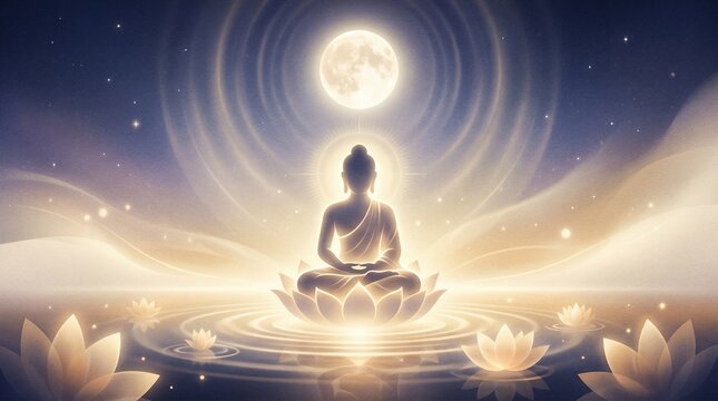 Buddha meditating on lotus in water under big full moon for Vesak Day celebration and spiritual zen meditation concept representing mindfulness peace and enlightenment