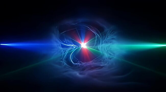Abstract image depicting a nebula with bright lasers emanating from it