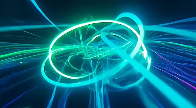 Abstract glowing rings and lines with a green and blue color scheme