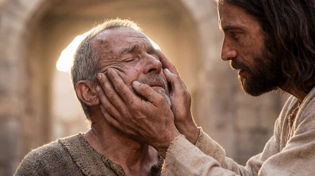 Jesus Healing a Blind Man with a Touch, Miraculous Restoration of Sight