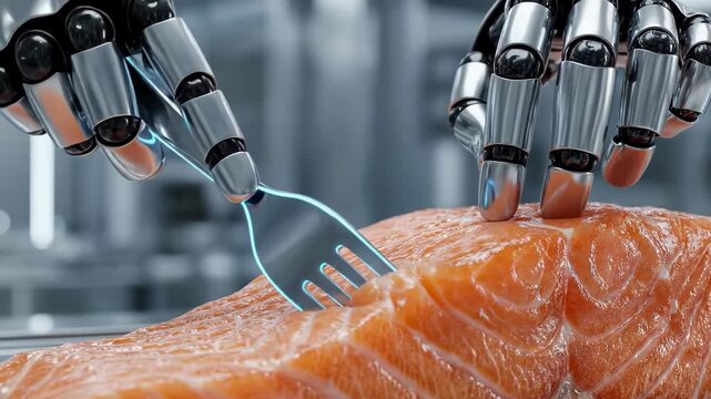 Robotic hands using a metal fork to touch a fresh raw salmon fillet in a high tech laboratory or industrial kitchen setting