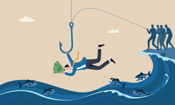 Investment meeting teams together businessman takes a bait to the hook fishing with money dollar banknote