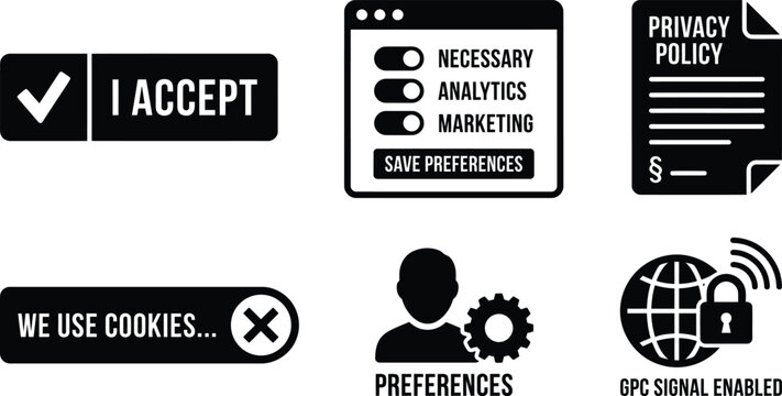 Vector silhouette set of consent banner icons featuring accept button, privacy preference toggle, document and GPC signal