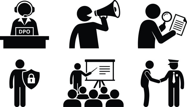 Vector silhouette set of 6 Data Protection Officer DPO icons featuring support headset awareness megaphone and compliance monitoring magnifying glass