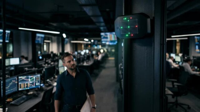 Focus on a sleek occupancy sensor tracking live broker movement in a dimly lit trading room during a quiet evening background softly blurred for depth.