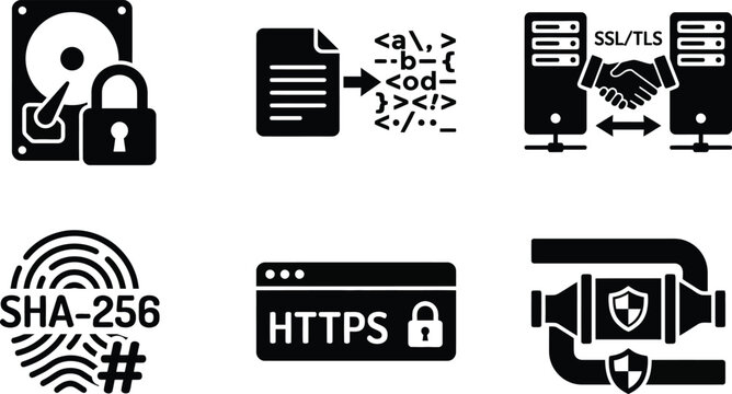 Vector silhouette set of 6 data encryption icons featuring padlock on hard drive, SSL TLS handshake, HTTPS browser and SHA-256 hash symbol