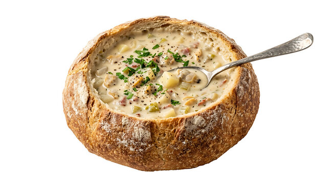 A bowl of creamy soup served in a hollowed bread loaf with a spoon on transparent background PNG