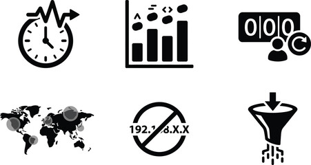 Fototapeta premium Vector silhouette set of real time anonymized icons featuring live clock, chart, visitors counter, world map and no individual ip address