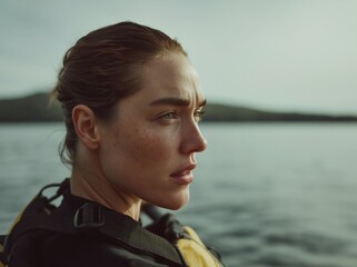 Fototapeta premium Woman in kayak looking out at the water with a determined expression