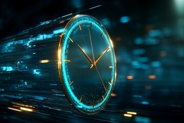 Fototapeta premium Futuristic golden analog clock moving through high speed digital data blue light tunnel background, concept for efficient time management, digital transformation and fast business deadlines