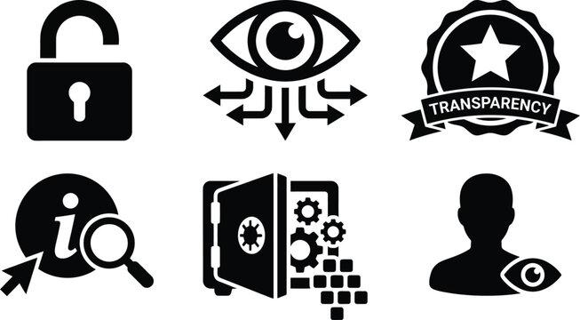 Vector silhouette set of transparency features icons featuring open padlock, data eye, star badge, information track and view my data profile