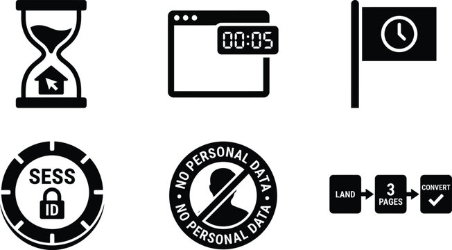 Vector silhouette set of session based analytics icons featuring visit hourglass, browser timer, conversion flag and visit flow chart