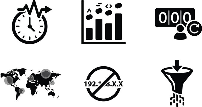 Vector silhouette set of real time anonymized icons featuring live clock, chart, visitors counter, world map and no individual ip address