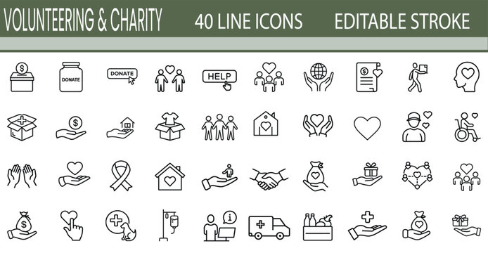 Volunteering and charity line icons set featuring donation box money jar helping hands heart in house and medical ambulance more vector illustration with editable stroke.