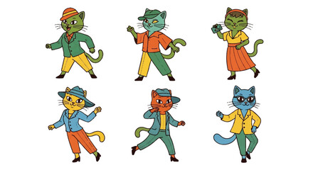 Fototapeta premium Cartoon cats in various outfits posing on white background