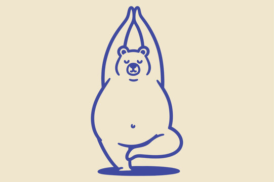 Minimalist Blue Ink Chubby Bear Doing Yoga, Funny Whimsical Hand Drawn Vector