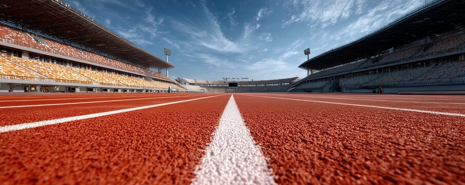 Low angle view of an outdoor red running track in a large sports stadium with empty spectator seats under a blue sky, concept for athletic competition, sports tournament and professional training