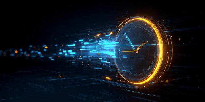 Abstract glowing digital clock with blue and orange light trails on dark futuristic background, concept for time management, fast business productivity and technological advancement