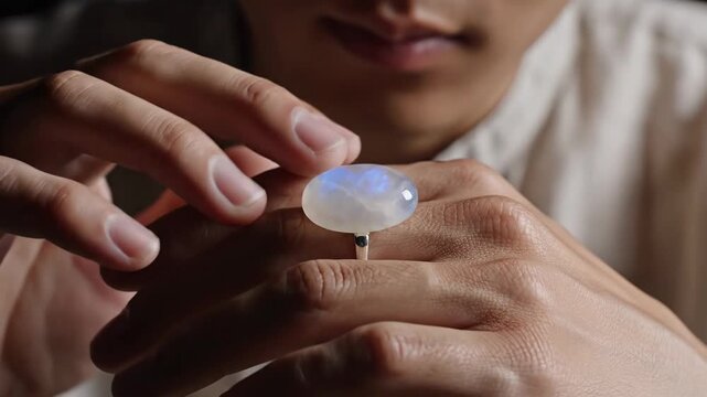 Person Displaying a Moonstone Ring on a Hand Close Up